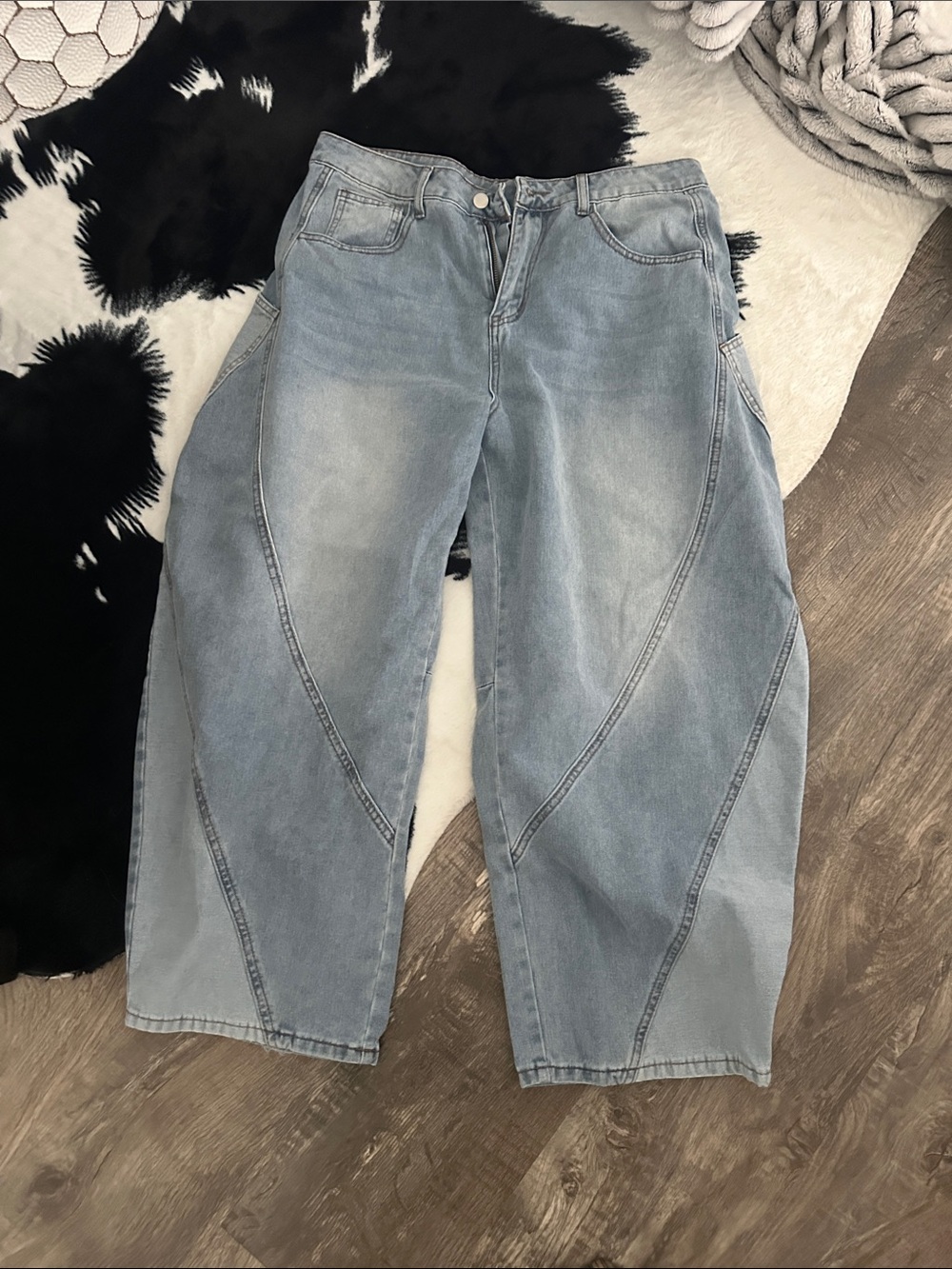 Light Wash Panel Detail Wide Leg Jeans